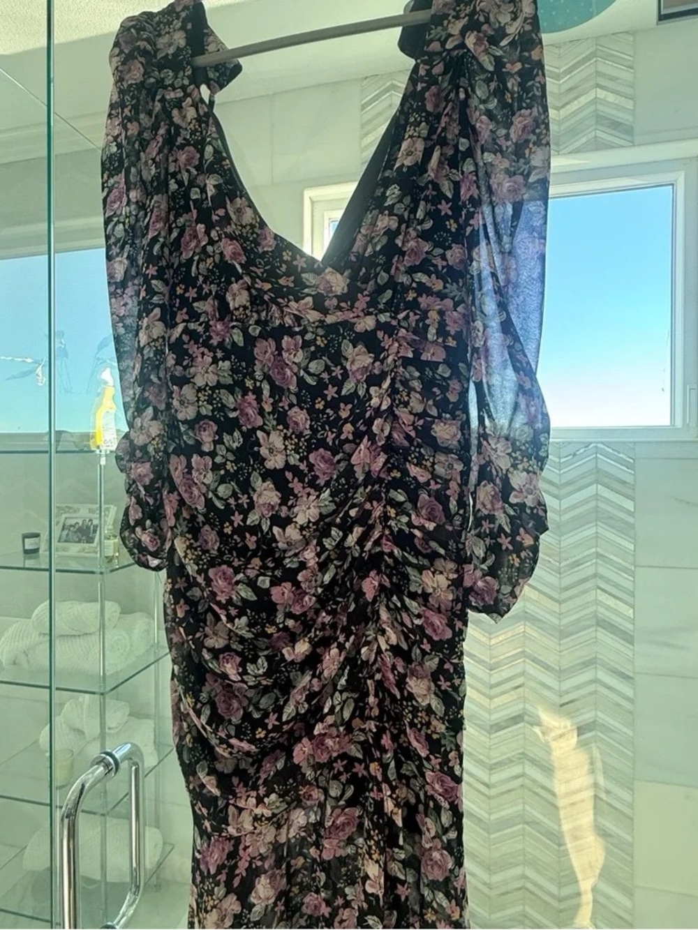 Floret Studios Black Floral Long-Sleeve Ruched Midi Dress in Pink Floral size: S